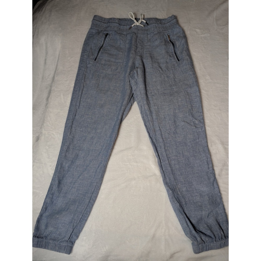 Athleta 100% Linen Jogger Pants Women's 4 Blue Chambray Drawstring Zip Pockets